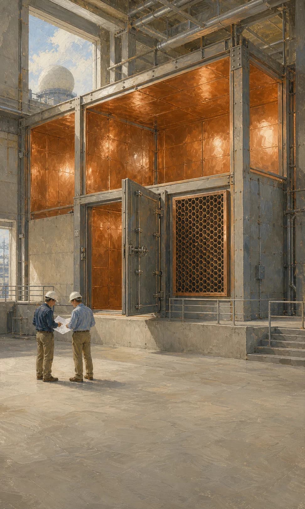 Copper-lined RF shielding enclosure with an open shielded door and waveguide vent